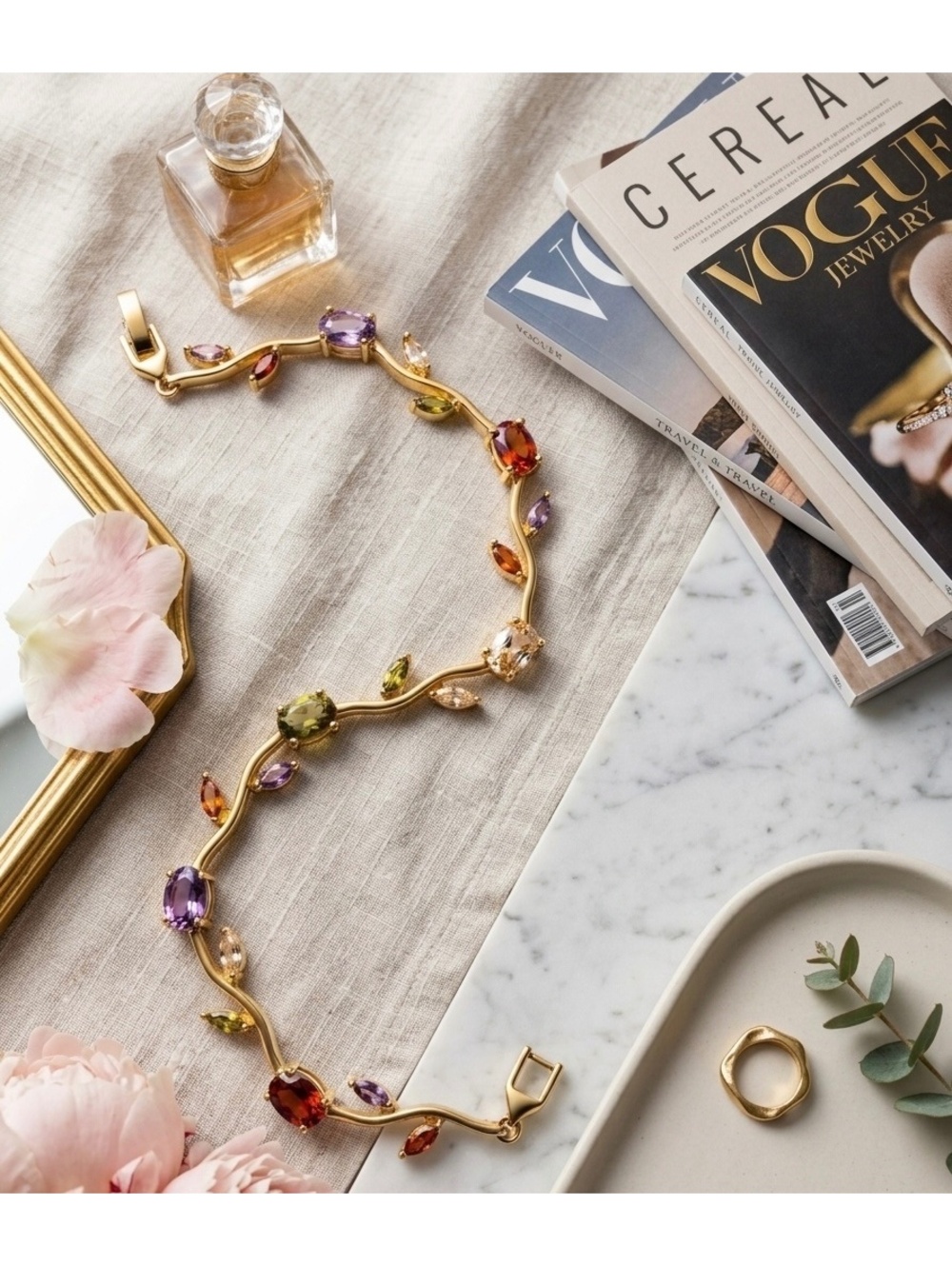 18KGP Multicolor Gemstone Gold-Tone Bracelet with Oval and Marquise Cut Stones